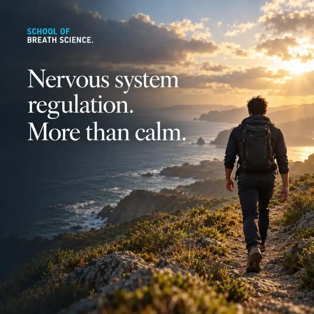 A hiker on a coastal trail at sunset beside the words “Nervous system regulation. More than calm.”